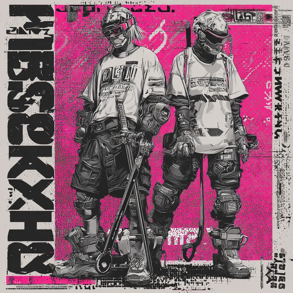 A vibrant pink and grey illustration showcases two cyberpunk-styled figures, possibly male and female, clad in futuristic attire.  They are equipped with advanced weaponry, including what appears to be a katana and a long staff.  Their clothing blends streetwear aesthetics with protective gear, suggesting a blend of urban and combat elements. The background features stylized text in various languages, adding to the overall futuristic and gritty ambiance.