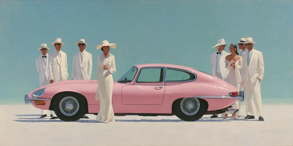 A pink Jaguar E-Type coupe is the centerpiece of a stylish scene, set against a pale blue sky and white expanse.  Surrounding the car are six elegantly dressed figures in white suits and hats, including a woman in a flowing white gown.  The overall mood is one of sophisticated serenity and mid-century modern glamour.