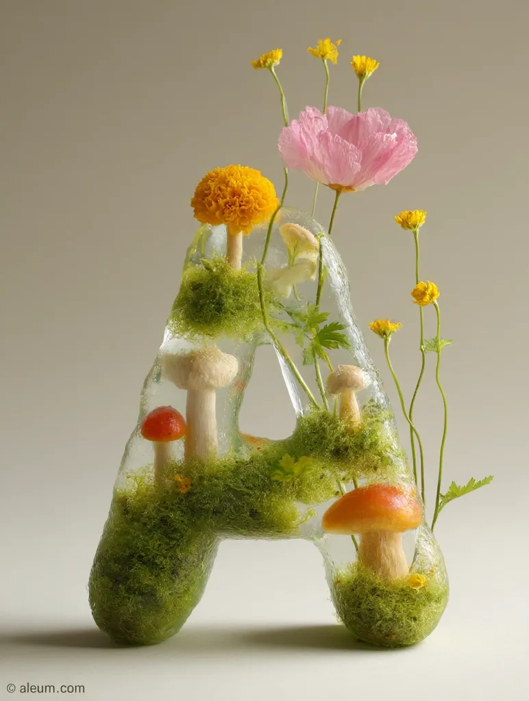 A sculpted letter "A" is crafted from clear resin, encasing miniature mushrooms, moss, and wildflowers.  The delicate pink poppy and yellow blooms contrast beautifully against the earthy greens and creamy mushroom caps. The artwork creates a captivating, miniature forest scene within a transparent, three-dimensional letterform.