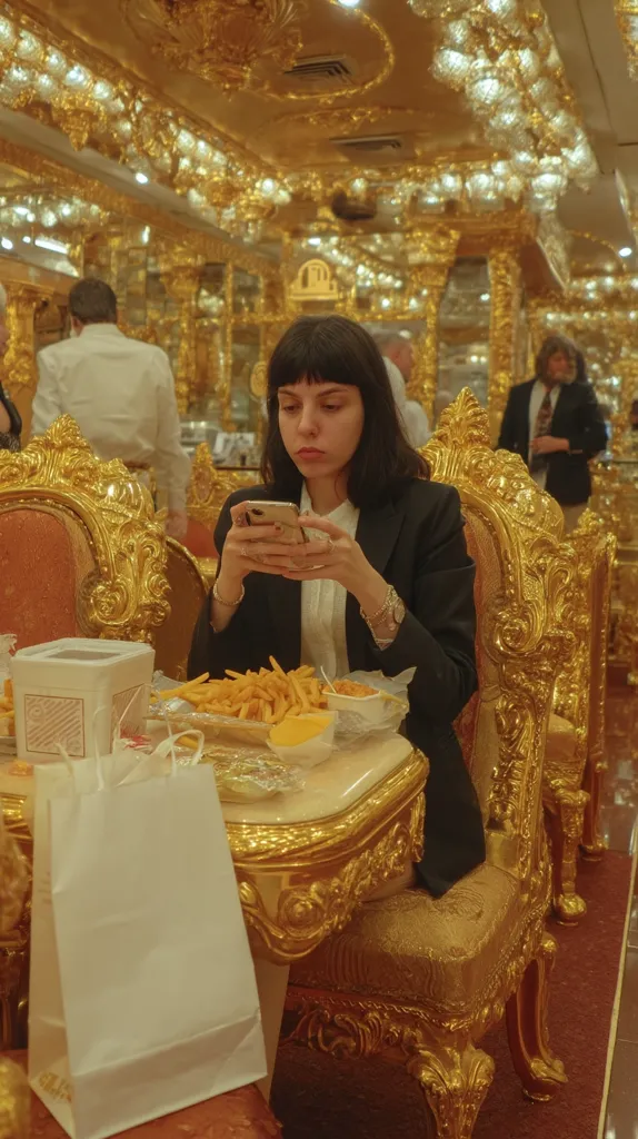 A young woman sits in a lavish, gold-leafed chair, using her phone.  She's eating french fries and what appears to be cheese sauce, at a table matching the opulent decor.  The restaurant's interior is entirely gilded, with elaborate gold carvings and chandeliers.  Other patrons are visible in the background, further highlighting the extravagant setting.