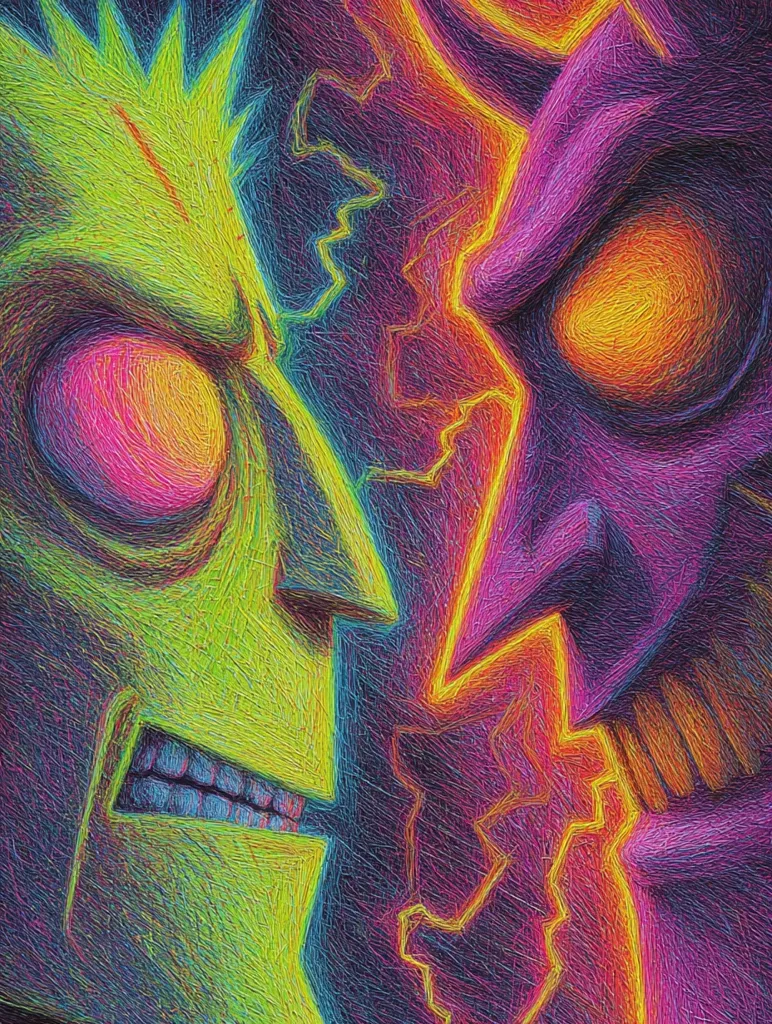 A vibrant, stylized artwork depicts two contrasting faces seemingly merging or splitting.  One face is lime green with spiky hair, possessing a somewhat grotesque yet cartoonish expression. The other is a dark purple, demonic-like visage with glowing orange eyes.  A jagged, lightning-bolt-like shape separates and connects the two faces, creating a dynamic visual tension between good and evil, light and darkness.  The texture is heavily stylized, resembling crayon or colored pencil strokes.