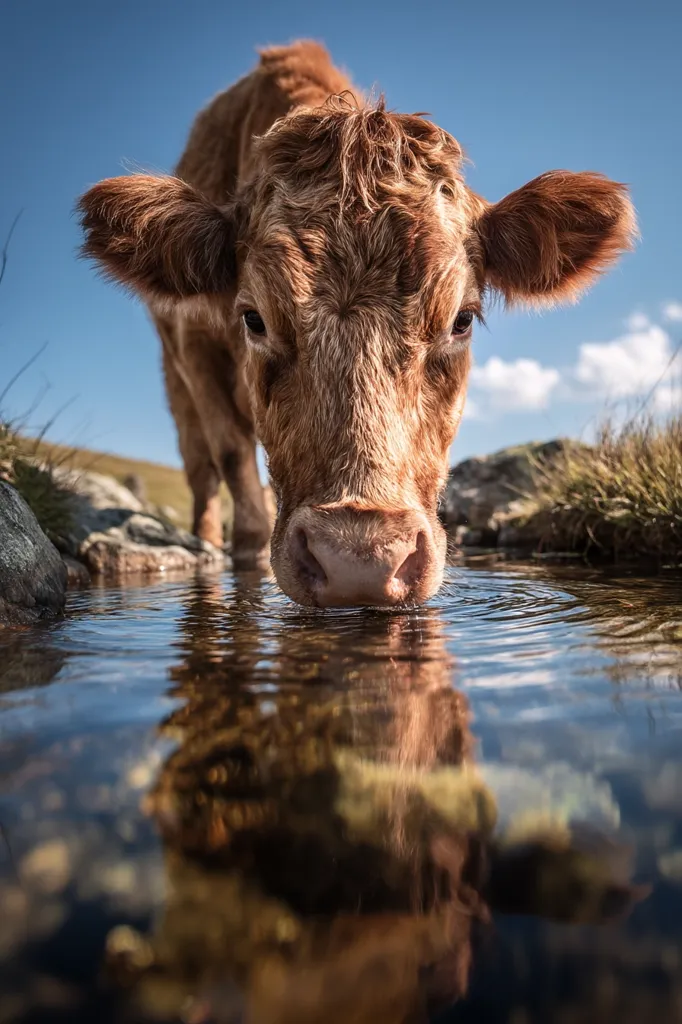 A light brown cow, with reddish-brown fur, bends down to drink from a clear stream.  The cow's reflection is visible in the calm water. The background features a sunny blue sky and a rocky, grassy landscape. The image is taken from a low angle, emphasizing the cow's size and proximity to the viewer.