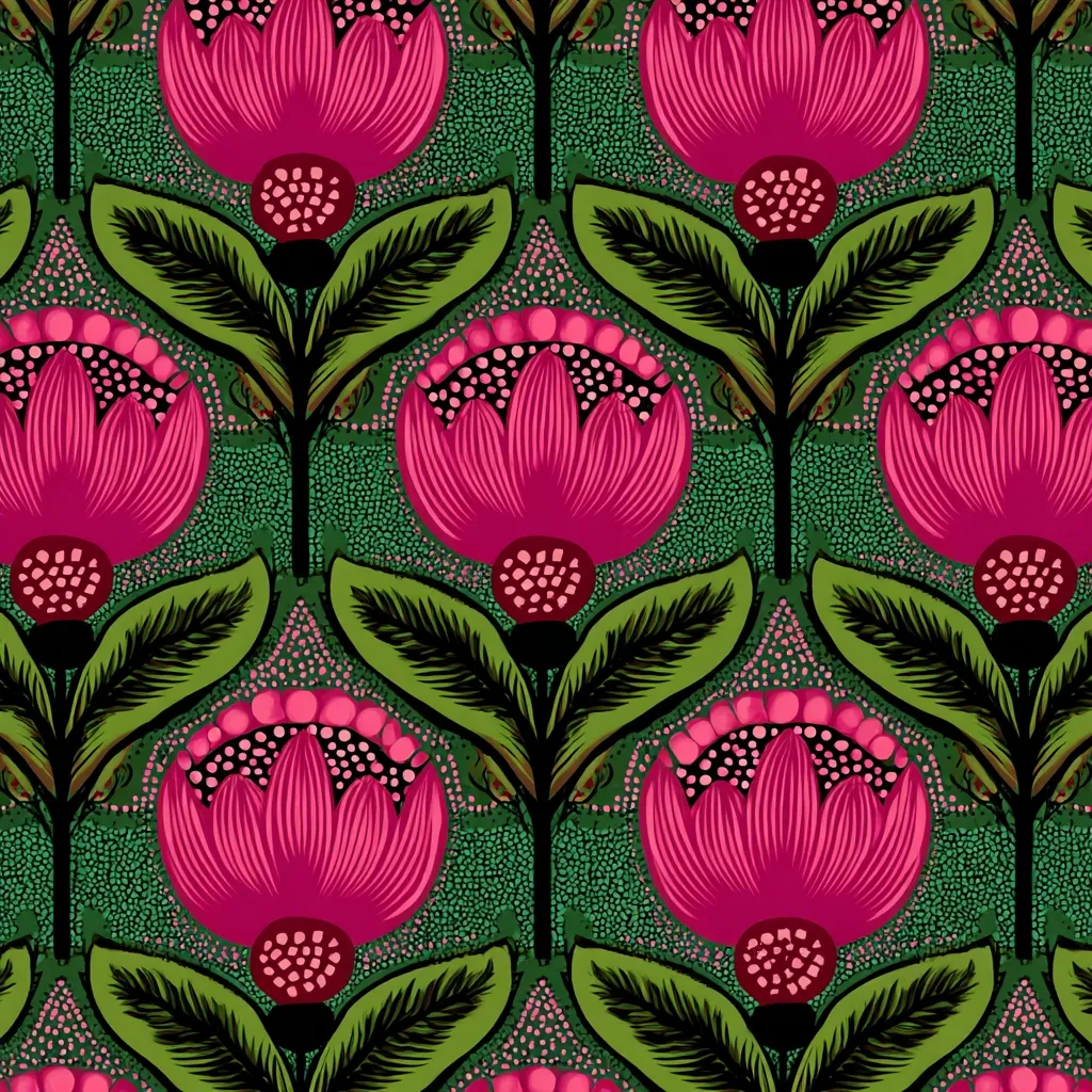 A vibrant floral pattern features stylized, fuchsia-colored flowers against a deep teal background.  The flowers have a textured appearance with dark centers and are detailed with black dots.  Green leaves frame each blossom, creating a repeating, symmetrical design on a textured teal ground reminiscent of textile prints.  The overall aesthetic is bold and graphic.