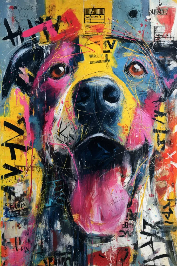 A vibrant, abstract painting depicts a dog's face.  Bold strokes of pink, yellow, blue, and black create a dynamic composition.  The dog's features are suggested rather than precisely rendered, blending with superimposed graffiti-like text and markings.  The overall effect is energetic and expressive, showcasing a playful blend of portraiture and urban art styles.