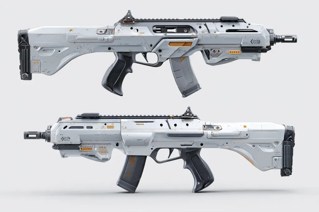 Two futuristic assault rifles are displayed, presented from different angles.  The weapons feature a predominantly white design with accents of orange and dark grey.  They possess a sleek, modern aesthetic with a complex array of detailing suggestive of advanced technology.  The rifles boast a unique, almost organic, shape to their stock and receiver.