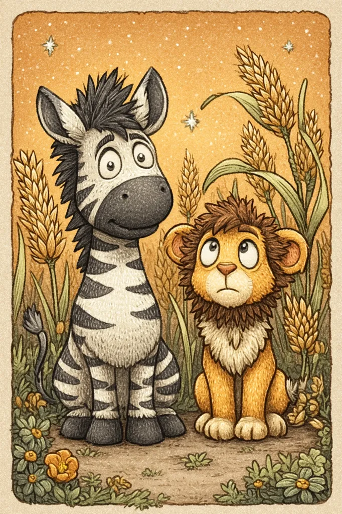 A charming illustration depicts a zebra and a lion cub side-by-side in a savanna setting at twilight.  Tall grasses surround them, and a few stars twinkle in the amber sky.  Both animals gaze upward, their expressions curious and gentle. The detailed style uses textured coloring, giving the piece a warm and whimsical feel.  The scene evokes a sense of calm and friendship in the African wilderness.