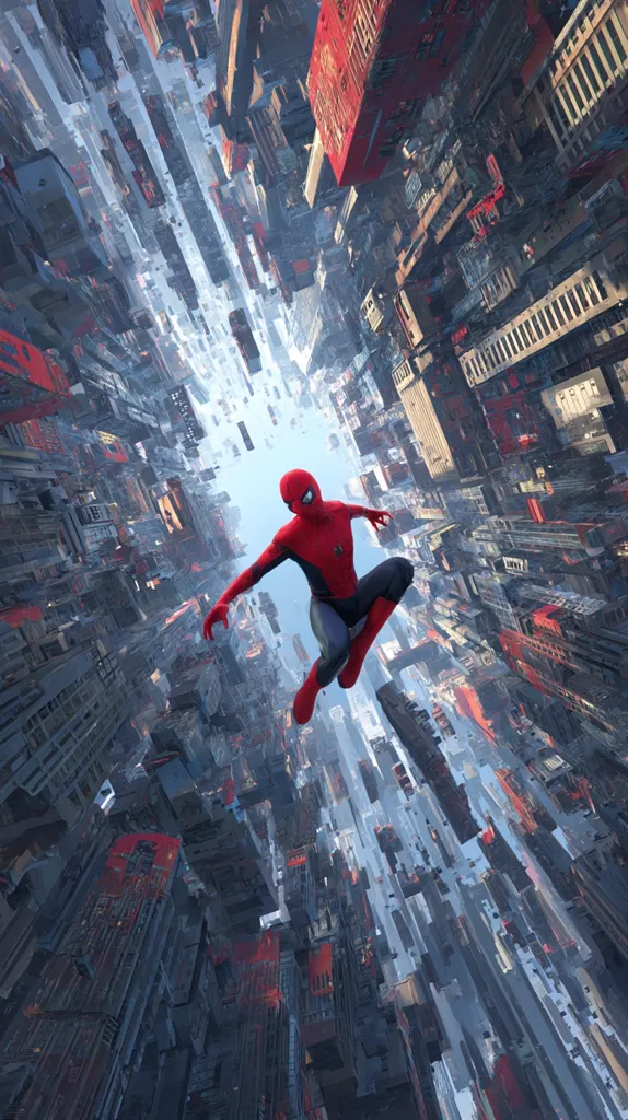 Spider-Man, in his red and black suit, is depicted falling or soaring through a distorted, futuristic cityscape.  The city's architecture is surreal, with buildings stacked vertically and appearing to twist and turn. The perspective is from below, looking upwards, creating a sense of vertigo and emphasizing Spider-Man's position within the chaotic urban environment.  The overall style is digital art, with a strong emphasis on light and shadow.