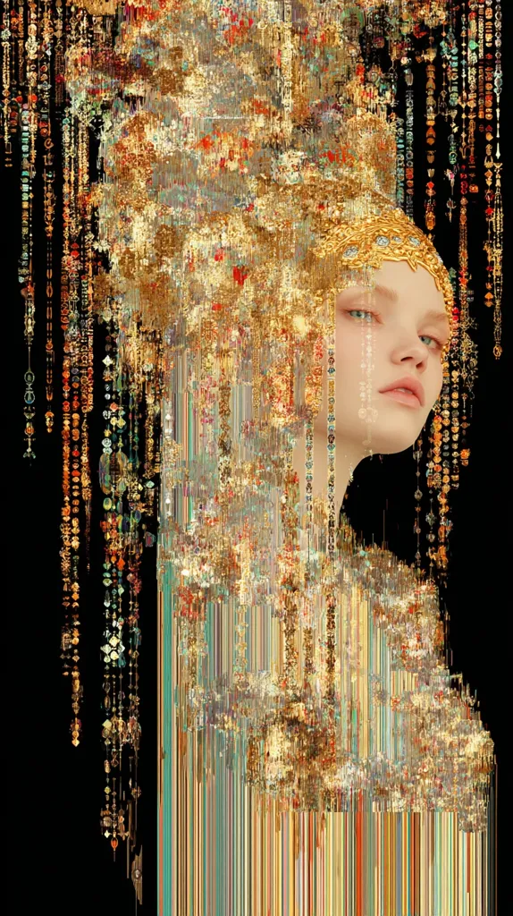 A stylized portrait of a woman, possibly a digital painting or AI-generated image.  She wears a magnificent gold headpiece and ornate jewelry, cascading down her shoulders. The background is a rich tapestry of gold, brown, and muted colors, appearing fragmented or pixelated in parts, creating a textured and almost shimmering effect. The overall style blends classical portraiture with a modern digital aesthetic.