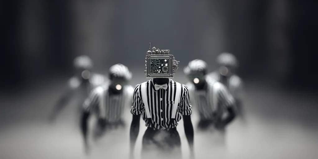 A grayscale image depicts a central figure, its head replaced by an intricate, clockwork-like mechanism.  Dressed in a black and white striped referee shirt and bow tie, it stands amidst a blurred procession of similarly attired figures, creating a surreal, almost dystopian atmosphere.  The focus is sharply on the central figure, highlighting the contrast between the mechanical head and the human-like body.