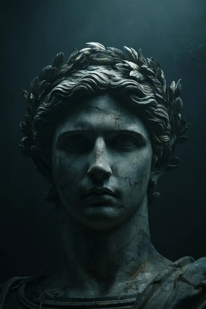 A close-up shot of a weathered bust of a classical statue, possibly depicting a Roman emperor or deity.  The figure is crowned with a laurel wreath, and the stone shows signs of age and damage, contributing to a dramatic, melancholic atmosphere.  The dark background highlights the intricate details of the sculpture's face and hair.  The overall impression is one of ancient grandeur and quiet dignity.