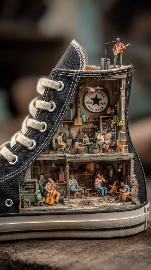 A black Converse Chuck Taylor All Star high-top shoe is artfully transformed into a miniature world.  The interior is meticulously crafted, depicting a bustling scene with tiny figurines engaging in various activities – playing music, socializing, and working.  A miniature guitarist performs on the shoe's upper, adding to the detailed and whimsical composition. The Converse logo is visible inside, further integrating the shoe into the artwork.