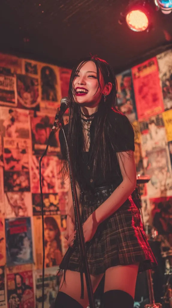 A young woman with long dark hair sings into a microphone, smiling brightly.  She's wearing a black top, plaid mini-skirt, and dark stockings. The background is a dimly lit room with numerous vintage posters on the walls, suggesting a music venue or bar. The warm, red lighting adds to the energetic atmosphere.  She appears to be performing live on stage.