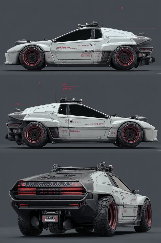 A digital rendering showcases a futuristic, off-road-ready vehicle.  The predominantly white car features a boxy design reminiscent of a classic sports car, but with added rugged elements like large off-road tires and a roof rack.  The body shows signs of wear and graffiti, enhancing its post-apocalyptic aesthetic.  Three views—side, side, and rear—highlight the car's detailed design and modifications.