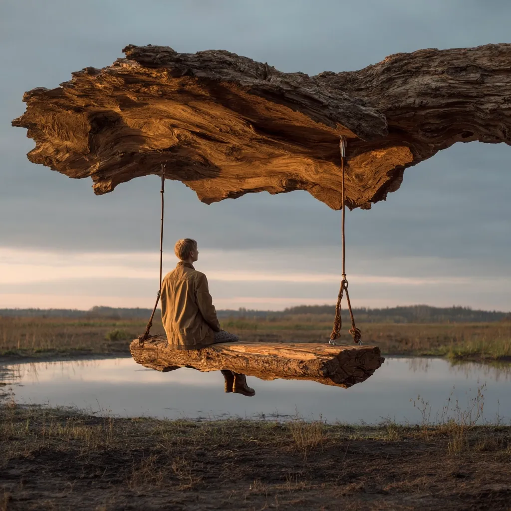 A person sits on a rustic wooden swing suspended from a massive, overhanging tree trunk. The swing is made of a thick log, and the tree trunk forms a natural canopy. The serene scene is set against a tranquil landscape featuring a calm body of water and a flat, grassy field under a soft, twilight sky.  The overall mood is peaceful and contemplative.