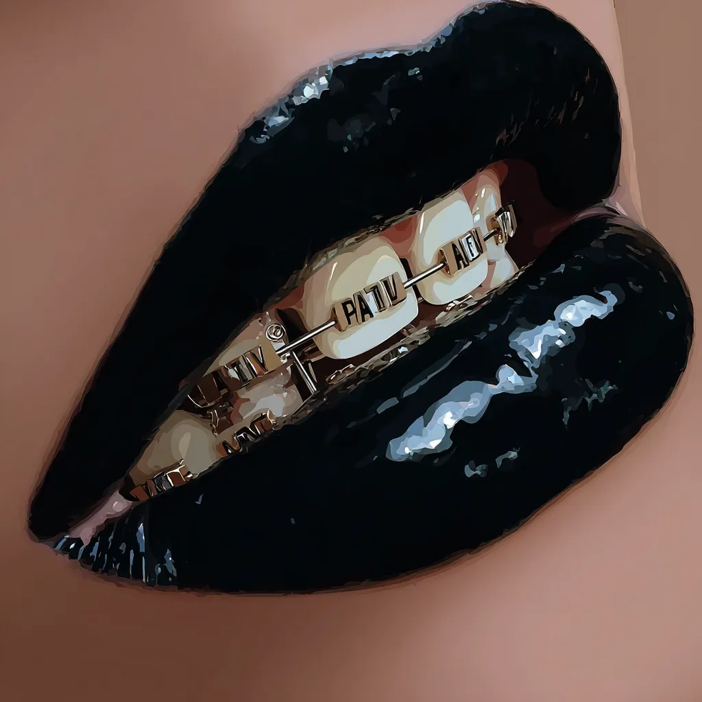 Close-up of a mouth with full, glossy black lipstick.  Gold braces with personalized lettering are visible on the teeth. The image has a stylized, almost painterly quality, with a focus on the contrast between the dark lipstick and the metallic gold. The overall aesthetic is bold and glamorous.