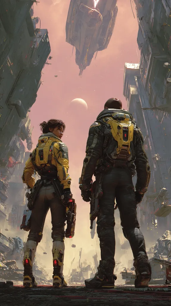 Two figures in futuristic combat gear stand amidst the ruins of a city under a dusky, alien sky.  Large, damaged spacecraft loom overhead.  The woman, in yellow and black armor, and the man, in darker tones, face away from the viewer, toward a distant, orange-hued planet.  The scene evokes a post-apocalyptic or war-torn environment.
