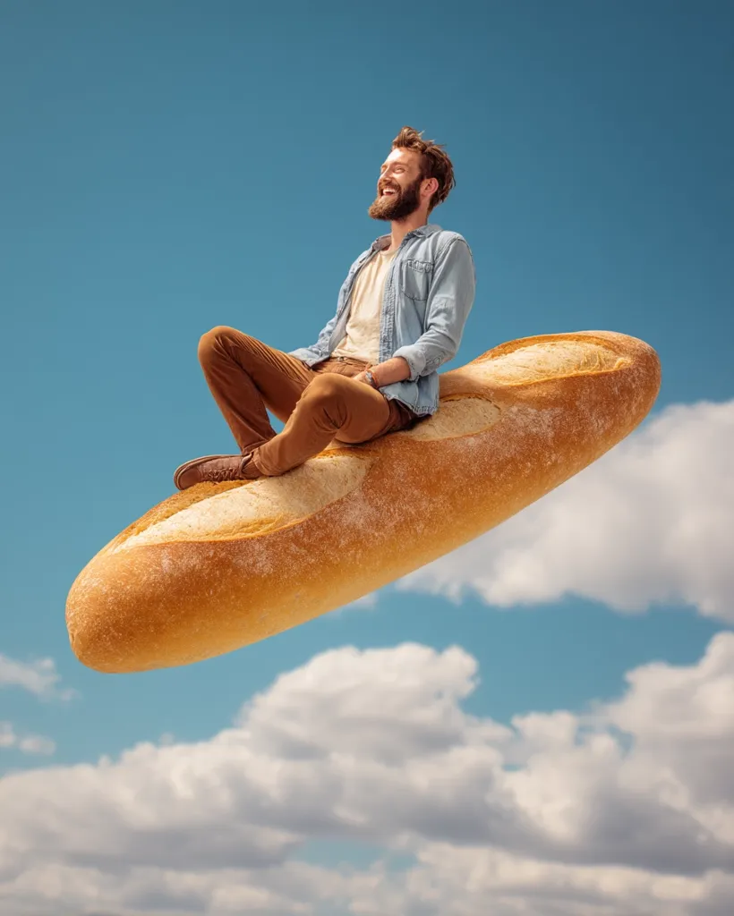 A joyful, bearded man sits atop a giant baguette soaring through a vibrant blue sky dotted with fluffy white clouds.  He's dressed in a casual denim shirt and brown pants, laughing as he enjoys this whimsical, surreal flight. The image is playful and imaginative, suggesting freedom and unexpected joy.