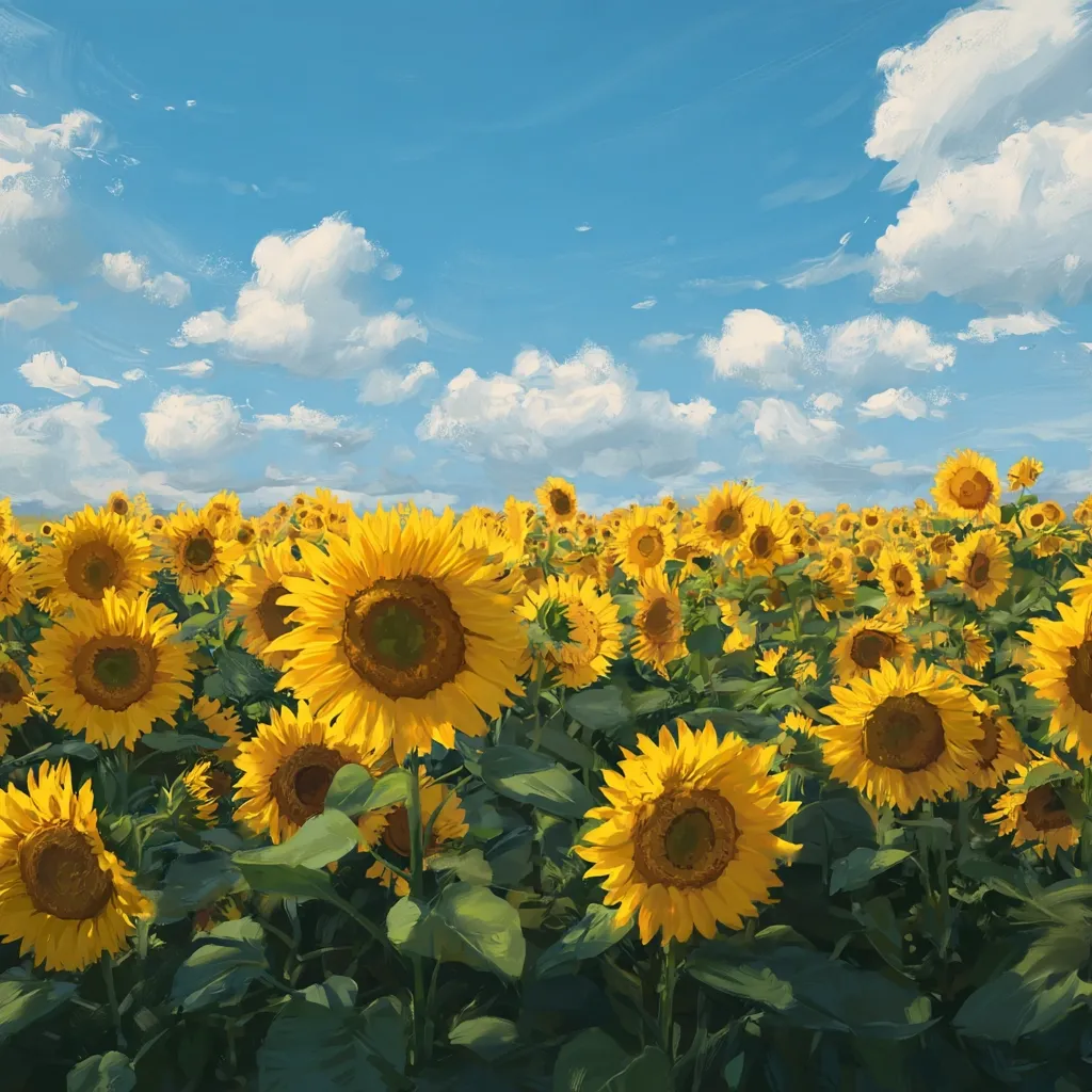 A vibrant field of sunflowers stretches to the horizon under a bright blue sky dotted with fluffy white clouds.  The sunflowers, in various stages of bloom, fill the frame, their bright yellow petals contrasting beautifully with the deep green of their leaves.  The scene evokes a sense of warmth, peace, and the beauty of nature.