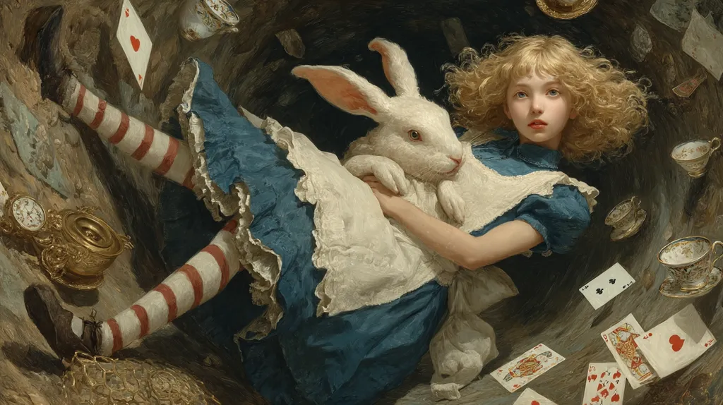 Alice, in a blue dress and striped stockings, tumbles down a rabbit hole.  She clutches a white rabbit, amidst a swirling chaos of playing cards, teacups, and a golden clock. The scene is richly detailed, evoking the surreal atmosphere of Lewis Carroll's "Alice's Adventures in Wonderland."  Dark earthy tones contrast with Alice's light hair and the rabbit's white fur.