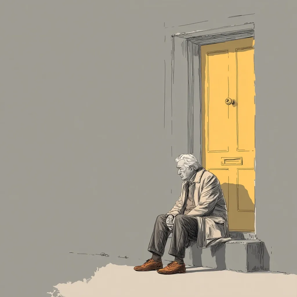 An illustration depicts an elderly man with gray hair sitting on a step in front of a bright yellow door. He is dressed in a long coat and appears pensive, his gaze directed downwards. The scene is rendered in a minimalist style, with muted gray tones contrasting with the vibrant yellow of the door.  A sense of loneliness and quiet contemplation pervades the image.