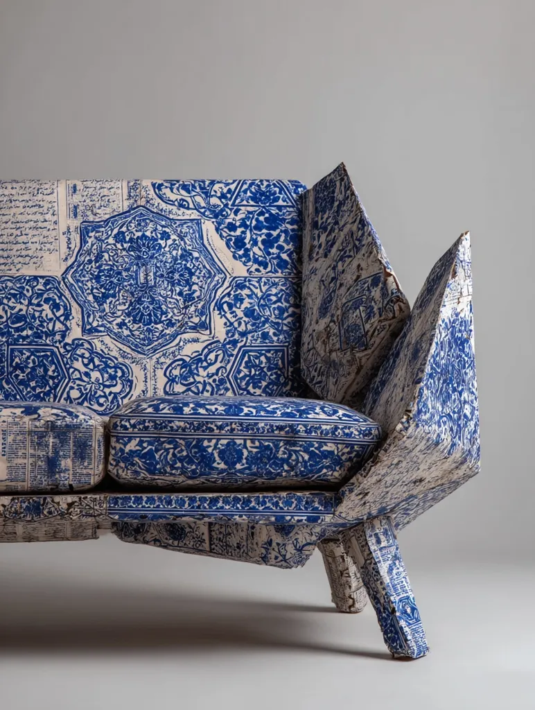 A unique, angular sofa is crafted from repurposed materials.  Its striking design features sharp, geometric lines and is upholstered in a vibrant blue and white patterned fabric reminiscent of traditional Chinese porcelain.  The fabric's design incorporates text, adding a layer of visual complexity. The overall effect is a striking blend of modern design and antique aesthetic.