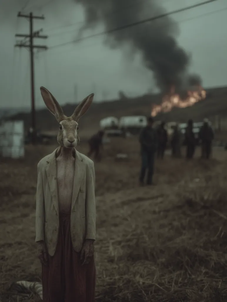 A surreal image depicts a human-like figure with a rabbit's head, wearing a beige jacket and maroon skirt.  The figure stands in a desolate field, a burning fire and smoke billowing in the background.  Several blurry figures are visible in the distance, suggesting a scene of chaos or destruction. The overall mood is dark, unsettling, and evokes a sense of unease.