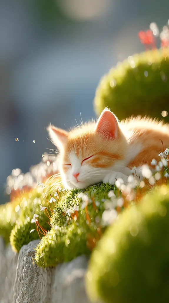 A fluffy orange kitten sleeps peacefully nestled amongst vibrant green moss and tiny white flowers.  Sunlight bathes the scene, creating a soft, dreamy atmosphere. The kitten's eyes are closed, and its fur appears soft and warm.  The overall image evokes feelings of serenity and tranquility in nature.
