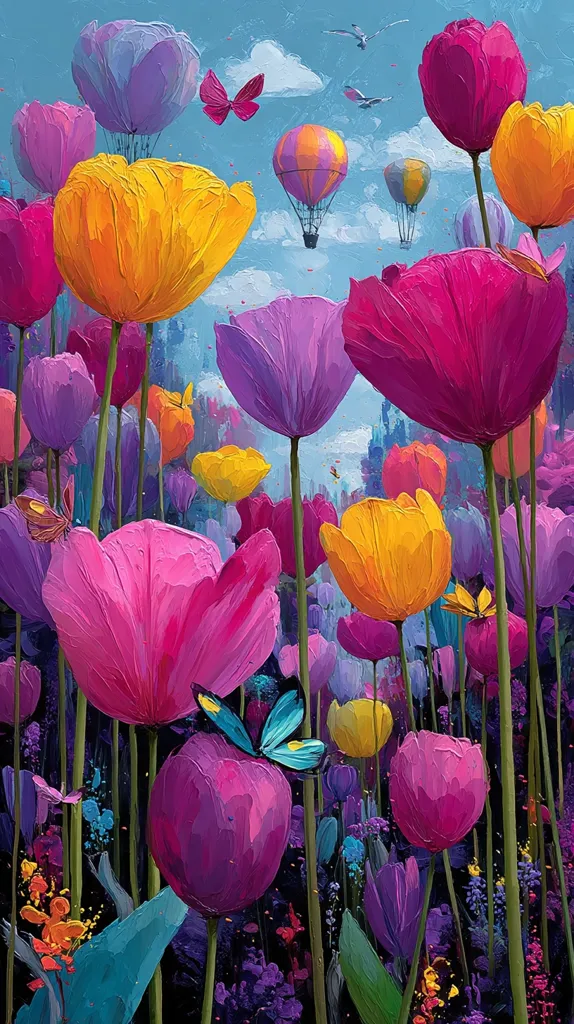 A vibrant painting depicts a field of colorful tulips in shades of pink, purple, and yellow, reaching towards a sky filled with hot air balloons and butterflies. The thick paint strokes create a textured, almost three-dimensional effect.  The scene is whimsical and dreamlike, evoking a sense of joy and wonder.  The butterflies add to the magical atmosphere, fluttering amongst the oversized blossoms.