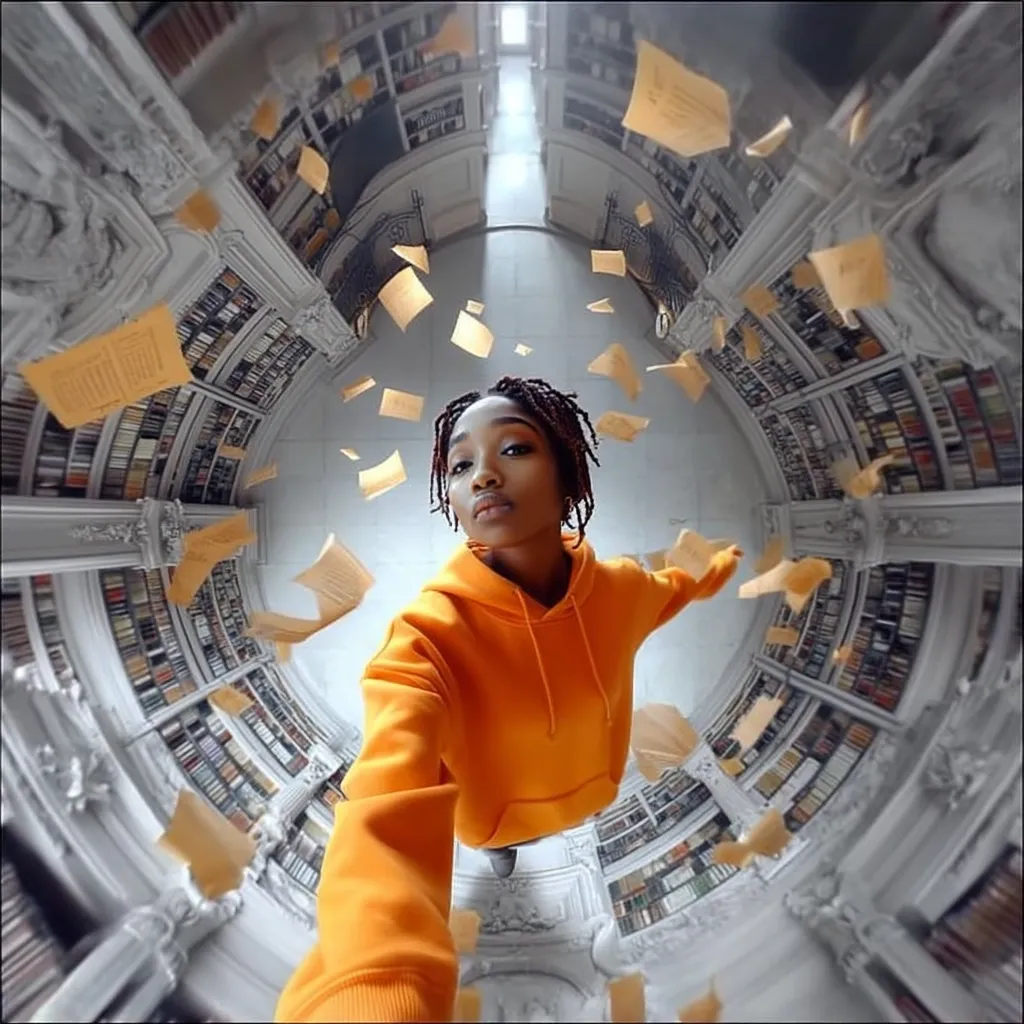 A young woman in an orange hoodie takes a selfie in a circular library.  Papers float around her, creating a dynamic, almost surreal atmosphere. The fisheye lens perspective distorts the grand architecture of the library, emphasizing the woman at the center of the swirling papers and bookshelves. The image conveys a sense of movement and intellectual energy.