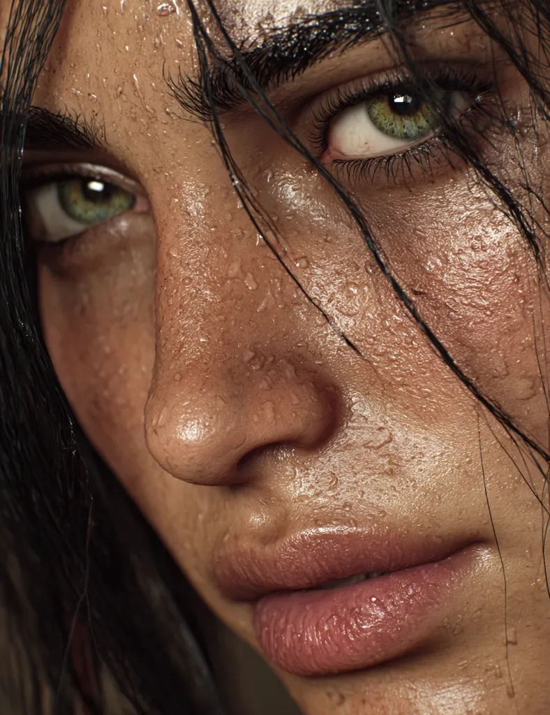 Close-up of a woman's face, glistening with sweat.  Her dark hair falls across her forehead, partially obscuring her intense, green-eyed gaze.  The image focuses on the texture of her skin, emphasizing the details of her pores and the droplets of perspiration.  Her expression is serious, almost pensive. The overall effect is one of realism and dramatic intensity.