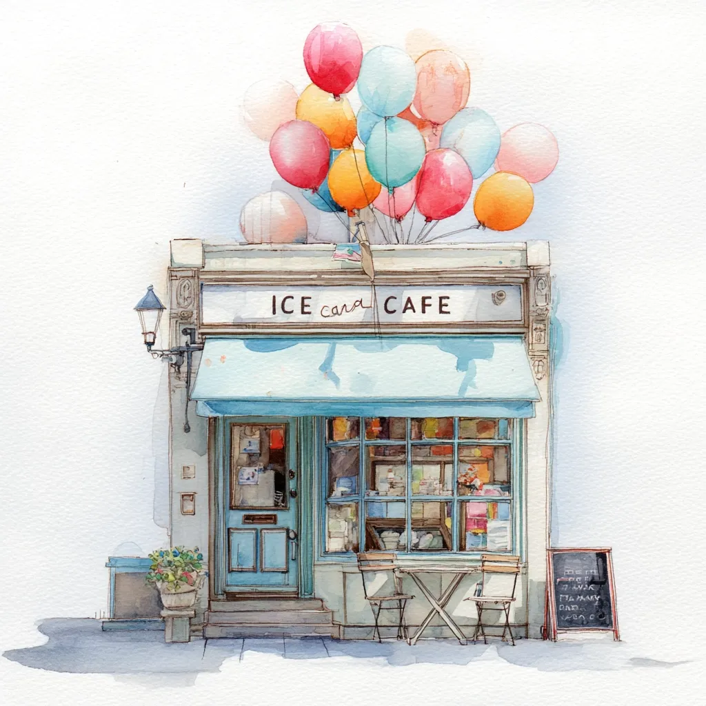 A watercolor painting depicts a charming ice cream cafe.  A light teal building with a blue door and awning sits beneath a cluster of colorful balloons.  Small tables and chairs are set outside, and a potted plant adds to the quaint atmosphere.  The cafe's name, "ICE cara CAFE," is displayed prominently above the awning. A simple chalkboard menu stands beside the seating area, completing the idyllic scene.