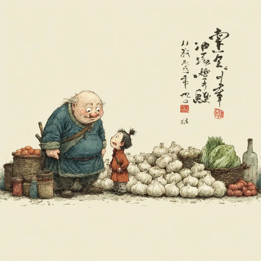 A charming illustration depicts a jovial, elderly merchant and a curious child.  The merchant, stout and wearing a blue robe, stands beside a large pile of garlic and other produce. The child, in reddish attire, gazes up at him with wonder.  The scene evokes a sense of gentle interaction and a simple market setting, accented by traditional Chinese calligraphy in the background. The overall style is whimsical and nostalgic.