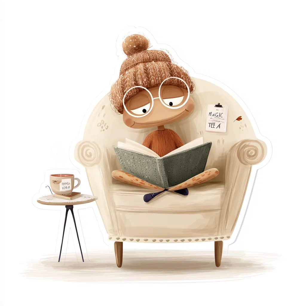 A whimsical illustration depicts a childlike figure, wearing a knitted hat and round glasses, engrossed in a book while seated in an armchair. A small side table holds a mug labeled "Magic Tea," adding to the cozy and enchanting atmosphere. The scene is rendered in soft, muted tones, conveying a sense of calm and warmth. The character's relaxed posture and the overall composition create a peaceful and inviting image.
