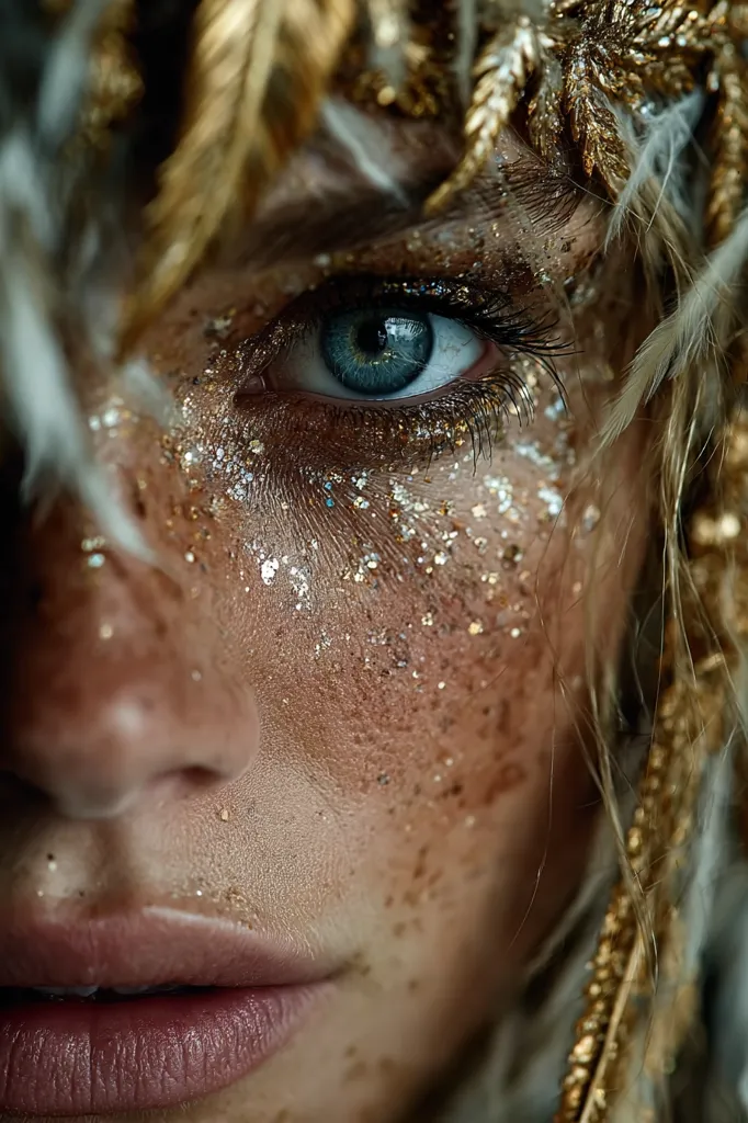 A close-up shot reveals a woman's eye and cheek adorned with gold glitter and feathers.  Her blue eye is captivating, framed by meticulously applied makeup.  The gold accents on her face and in her headdress create a mystical, ethereal beauty. The image focuses on texture and detail, highlighting the shimmering particles and soft skin.