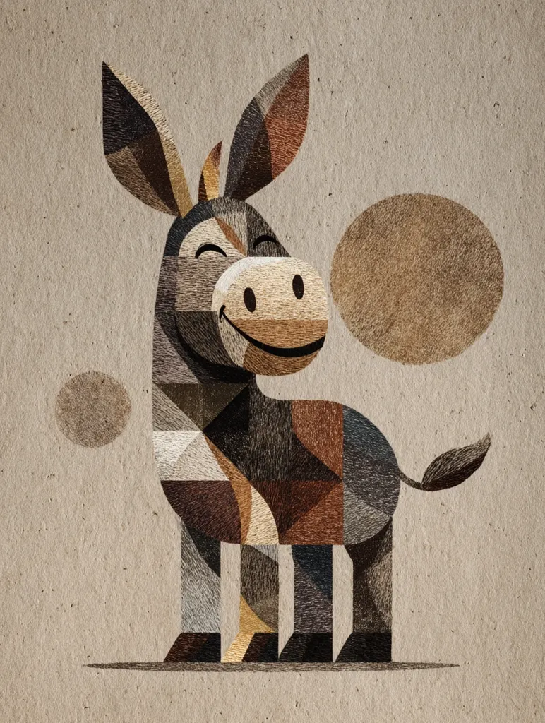 A geometric illustration of a donkey, rendered in shades of brown and beige.  The donkey's body is composed of stitched-together polygons, creating a textured, almost furry effect.  Two circular shapes in muted brown tones are positioned behind the donkey. The style is simplistic yet detailed, with a charmingly cheerful expression on the donkey's face. The backdrop is a neutral, textured paper.
