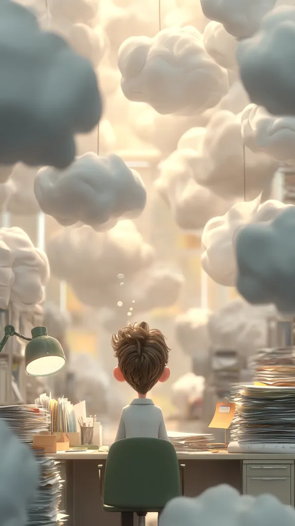 A stylized 3D rendering depicts a young boy sitting at a desk piled high with paperwork.  He's surrounded by numerous fluffy white clouds suspended from the ceiling, creating a dreamy, almost overwhelming atmosphere.  The scene suggests a feeling of being burdened by work or responsibilities, contrasted by the light and airy clouds.  The boy's back is to the viewer, adding to the sense of isolation.