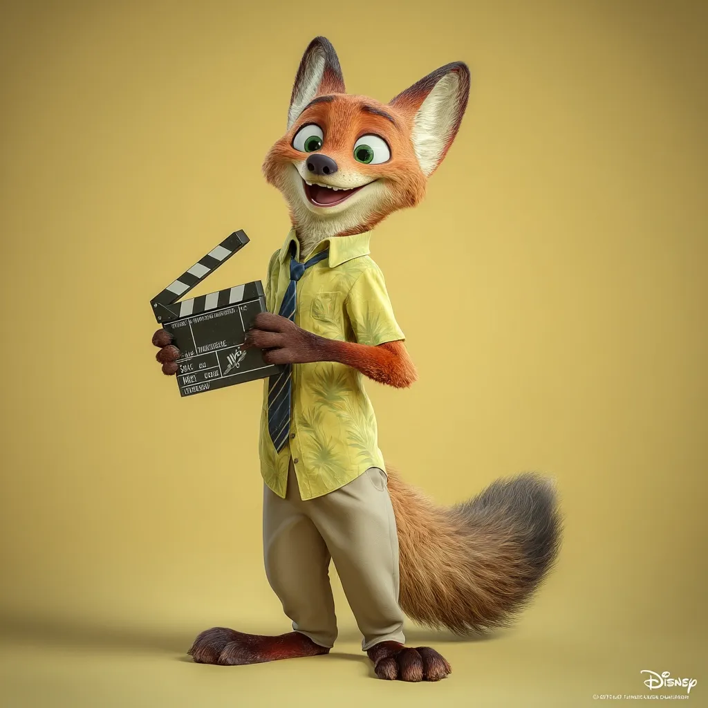 Nick Wilde, the sly fox from Zootopia, is depicted in a vibrant, stylized image.  He's dressed in a yellow Hawaiian shirt, khaki pants, and a dark tie, holding a film clapperboard. His expression is cheerful and welcoming, suggesting a playful and cinematic mood. The background is a muted yellow, focusing attention on Nick's animated character design.  The image is clearly promotional, hinting at a potential spin-off or behind-the-scenes content.