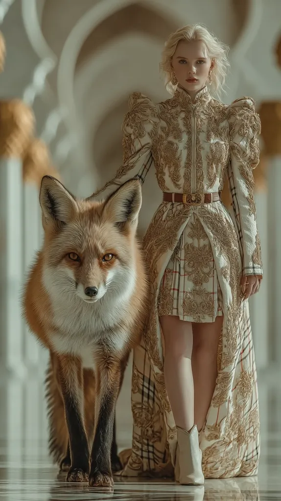 A blonde woman in an ornate, gold-embroidered cream gown stands beside a red fox. The gown features a high collar, puff sleeves, and a belted waist. The woman wears cream-colored ankle boots.  The setting appears to be a grand, palatial interior with marble floors and high ceilings.  The fox stands calmly, its fur a rich reddish-orange. The overall aesthetic is one of elegant fantasy.