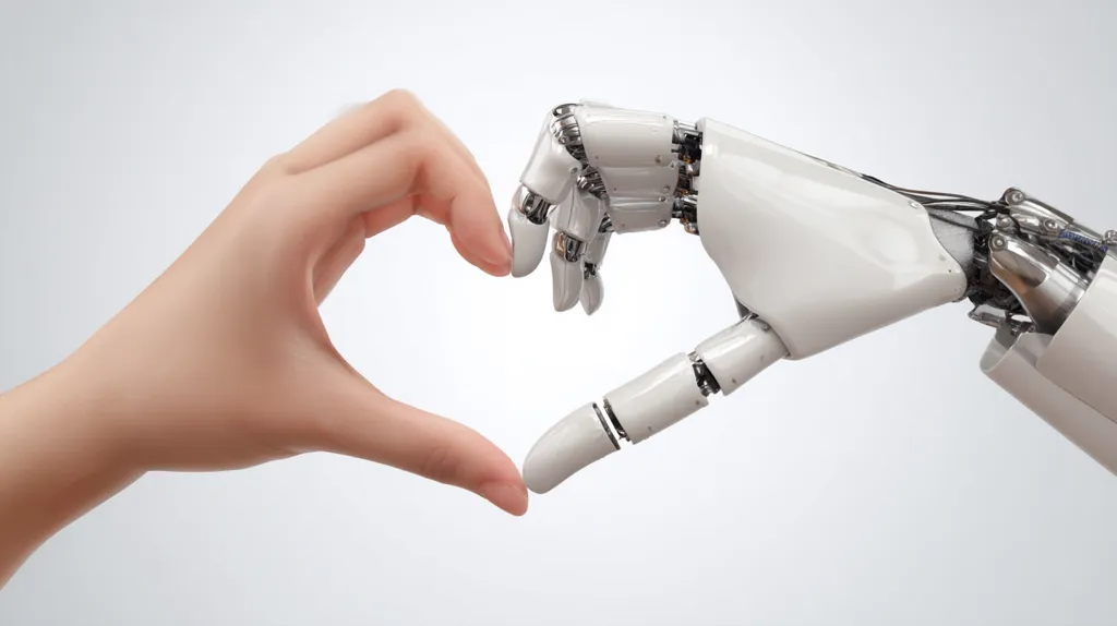 A human hand and a robotic hand join together to form a heart shape.  The image symbolizes the connection and collaboration between humans and artificial intelligence, suggesting a future of partnership and mutual understanding. The robotic hand is white with visible mechanical components, contrasting with the smooth, natural human hand.  The background is a simple, neutral gray.