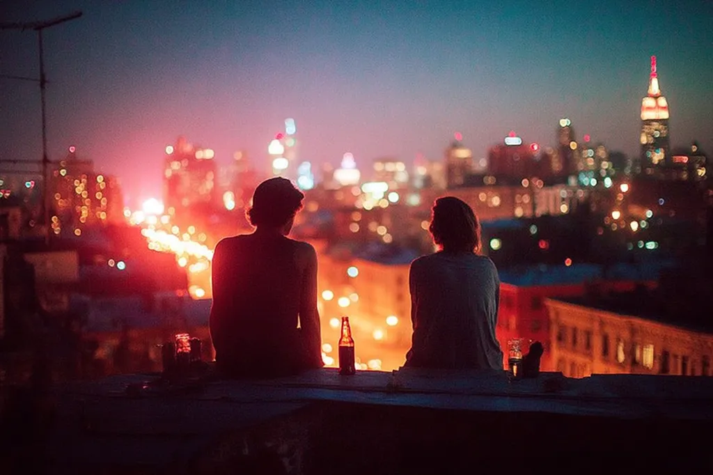 Two silhouetted figures sit on a rooftop, gazing at a vibrant cityscape at night.  The city's lights twinkle in the background, creating a warm, romantic atmosphere. A bottle sits between them, suggesting companionship. The scene is peaceful and intimate, capturing the beauty of an urban night.