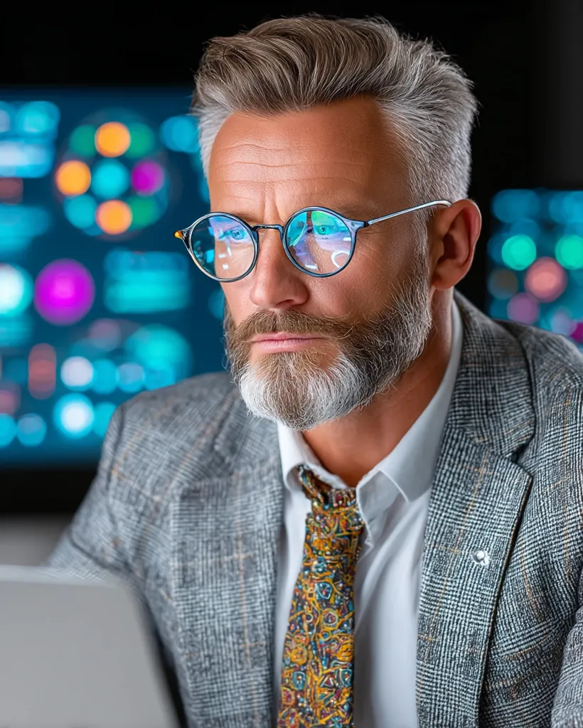 A mature man with salt and pepper hair and a well-groomed beard is seen in close-up.  He wears round glasses and a grey suit jacket over a crisp white shirt and patterned tie.  The background is blurred, showing a screen displaying colorful data points, suggesting a technological or analytical setting.  His expression is serious and focused, perhaps concentrating on work on a laptop partially visible in the foreground.
