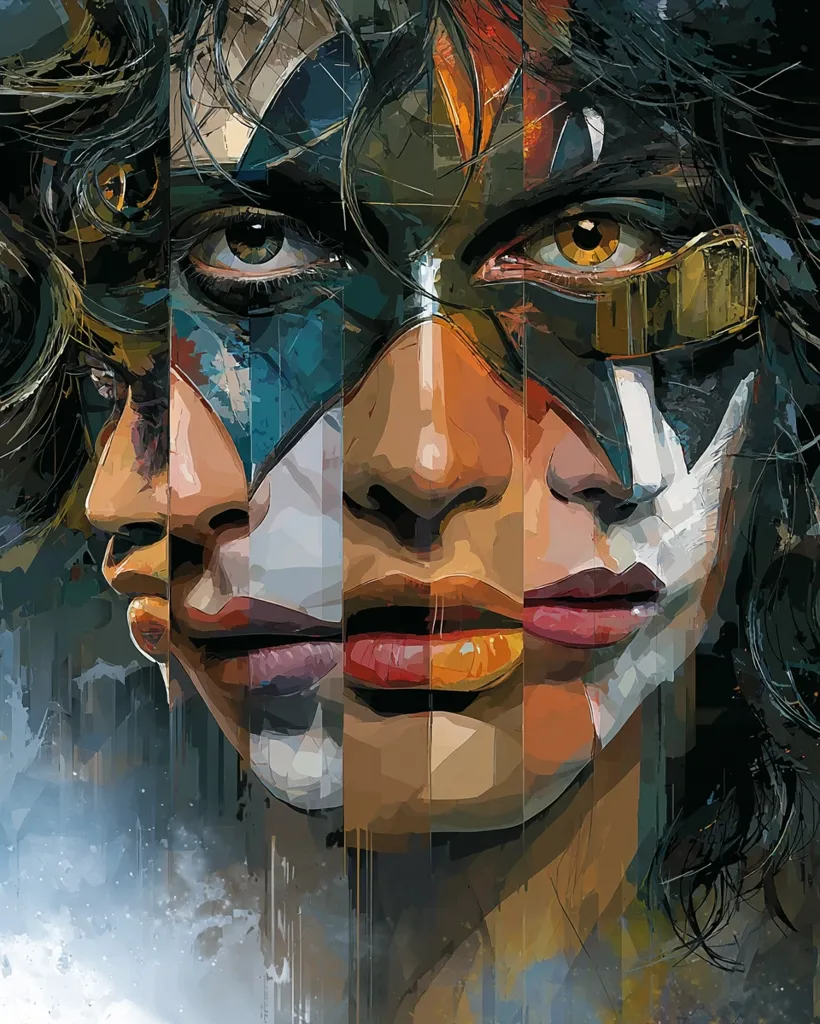 A stylized portrait of a woman's face, fragmented into vertical sections, each displaying a different painted mask.  The masks are predominantly dark, with splashes of vibrant color, creating a sense of mystery and multiple identities.  The artistic style is painterly and expressive, with visible brushstrokes and a blend of realism and abstraction. The background is a blurry, atmospheric wash of gray and blue.