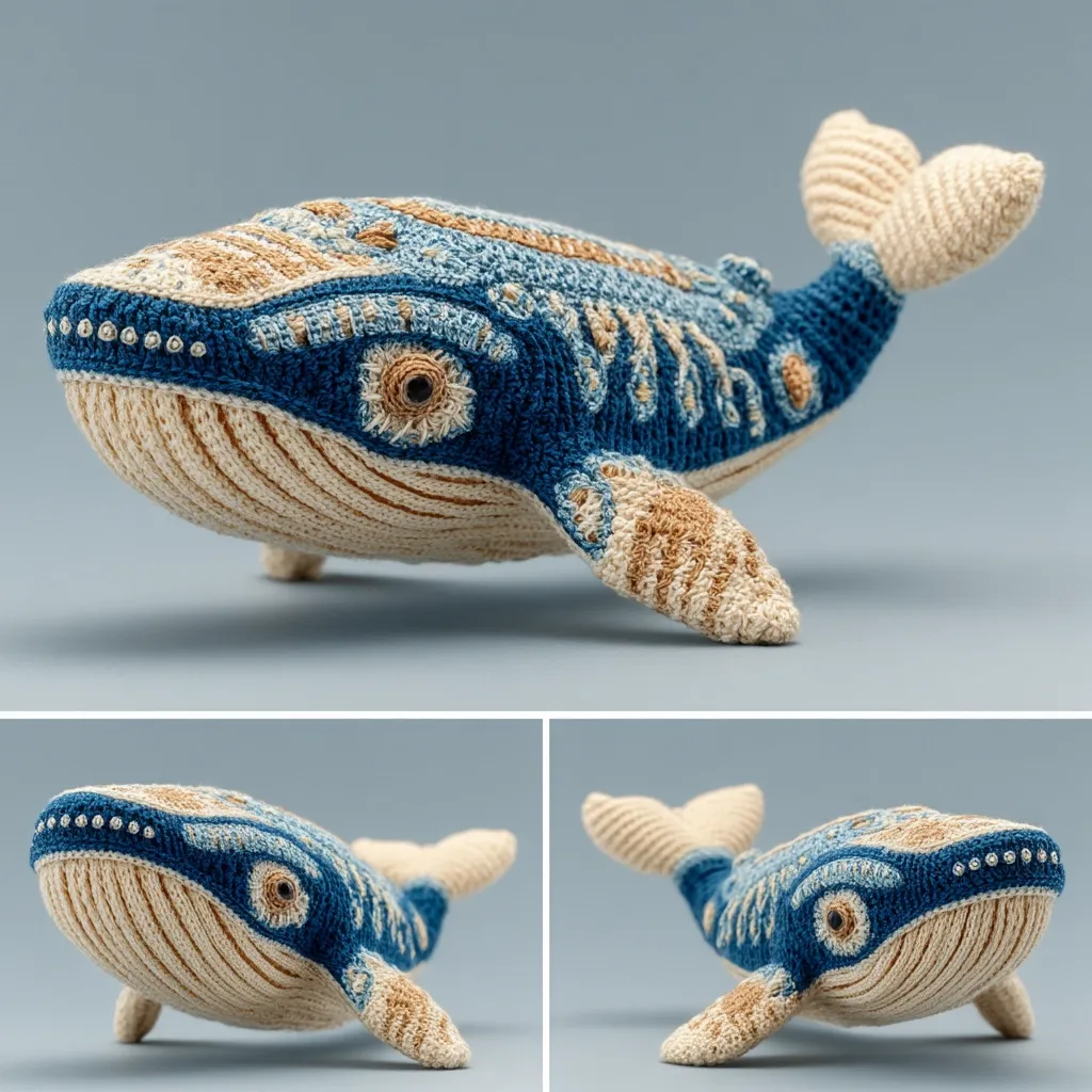 This image showcases a meticulously crafted crocheted humpback whale.  The whale is predominantly blue with tan accents, featuring detailed textured crocheting that imitates the whale's skin.  Small beads are subtly incorporated along the whale's upper jaw. The piece is presented from multiple angles, highlighting the craftsmanship and intricate details.