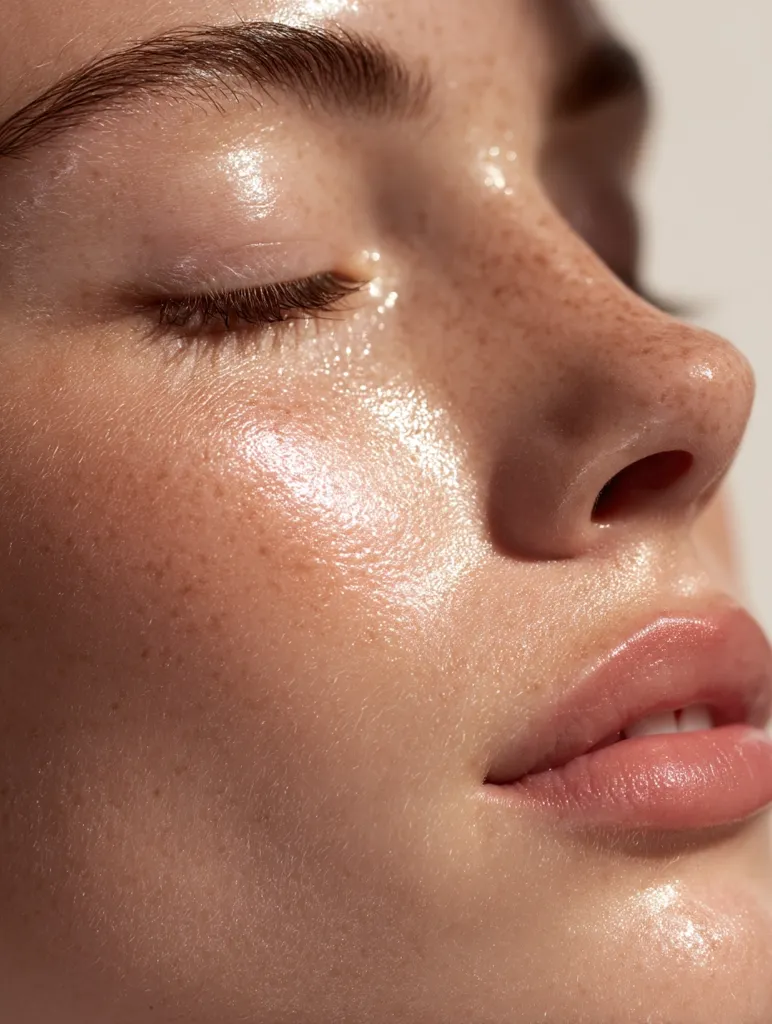 Close-up of a woman's face with eyes closed, showcasing dewy, radiant skin.  Her complexion is light with visible freckles.  The image highlights the texture and luminosity of her skin, emphasizing a healthy, glowing appearance.  Soft lighting enhances the overall smoothness and subtle shimmer.