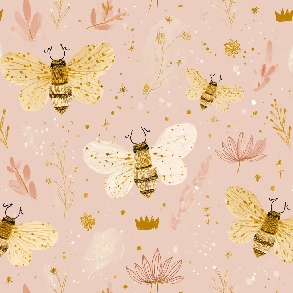 A blush pink background is adorned with a whimsical pattern of gold and off-white bees.  The bees have delicate, slightly transparent wings speckled with gold.  They are interspersed with stylized floral elements in muted pinks and gold, including small flowers, leaves, and larger lotus-like blooms.  Small gold stars and crowns add to the magical, ethereal feel. The overall aesthetic is soft, romantic, and slightly whimsical.