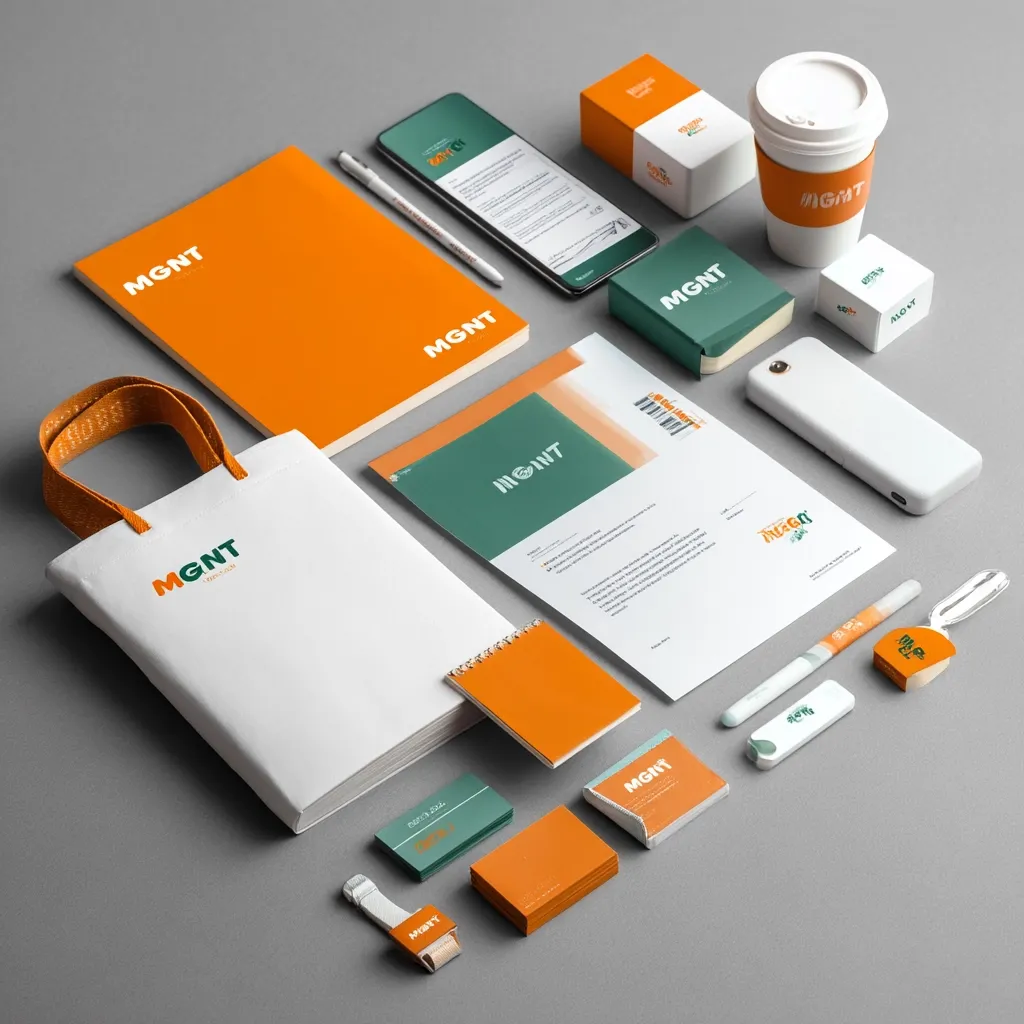 A flat lay showcasing a vibrant brand identity for "MGNT." The image features a cohesive color palette of orange and teal, incorporating various stationery items: notebooks, letterheads, business cards, a shopping bag, a coffee cup, and a smartphone.  The logo is prominently displayed across all items, creating a unified and professional brand aesthetic.  Small details, such as a USB drive and a pen, further enhance the visual appeal.