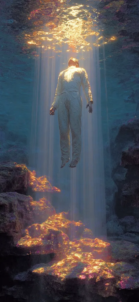 A figure in a white, flowing garment floats serenely in underwater depths.  Sunlight streams from above, illuminating the person and illuminating the surrounding rocks with a golden, ethereal glow. The scene is dreamlike and peaceful, suggesting a sense of spiritual ascension or tranquility.  The deep blue water contrasts with the warm light, creating a captivating visual effect.