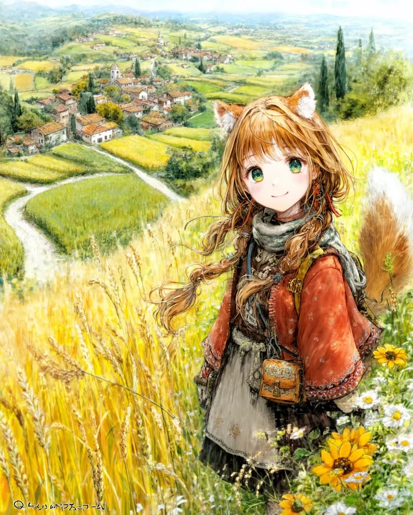 A charming anime girl with fox ears and a long braid stands in a golden wheat field.  She wears a rustic, orange jacket and carries a small satchel.  Behind her, a quaint village nestled in a rolling green valley stretches towards a hazy horizon. Wildflowers bloom at her feet, adding to the idyllic, fairytale-like scene. The overall style is whimsical and evocative of a peaceful countryside.
