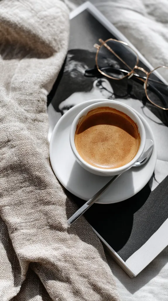 A cup of espresso sits on a white saucer, accompanied by a spoon and gold-framed glasses, all resting on a black and white photograph atop a beige linen cloth.  Sunlight casts shadows, highlighting the textures of the fabric and the crema of the coffee. The scene is minimalist and aesthetically pleasing, suggesting a moment of calm and quiet enjoyment.