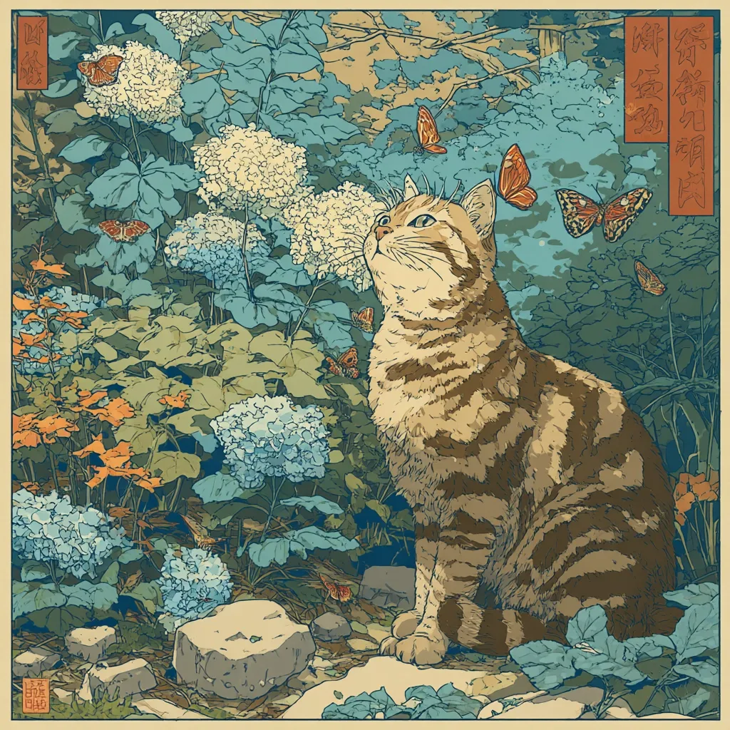 A tabby cat sits amidst a lush garden in this ukiyo-e style illustration.  Surrounded by vibrant hydrangeas in shades of blue and white, the cat gazes upwards at butterflies flitting among the blossoms.  The artwork features a serene palette with detailed rendering of both the cat and the flora, creating a peaceful and enchanting scene.  Several butterflies in various colors add to the lively ambiance.
